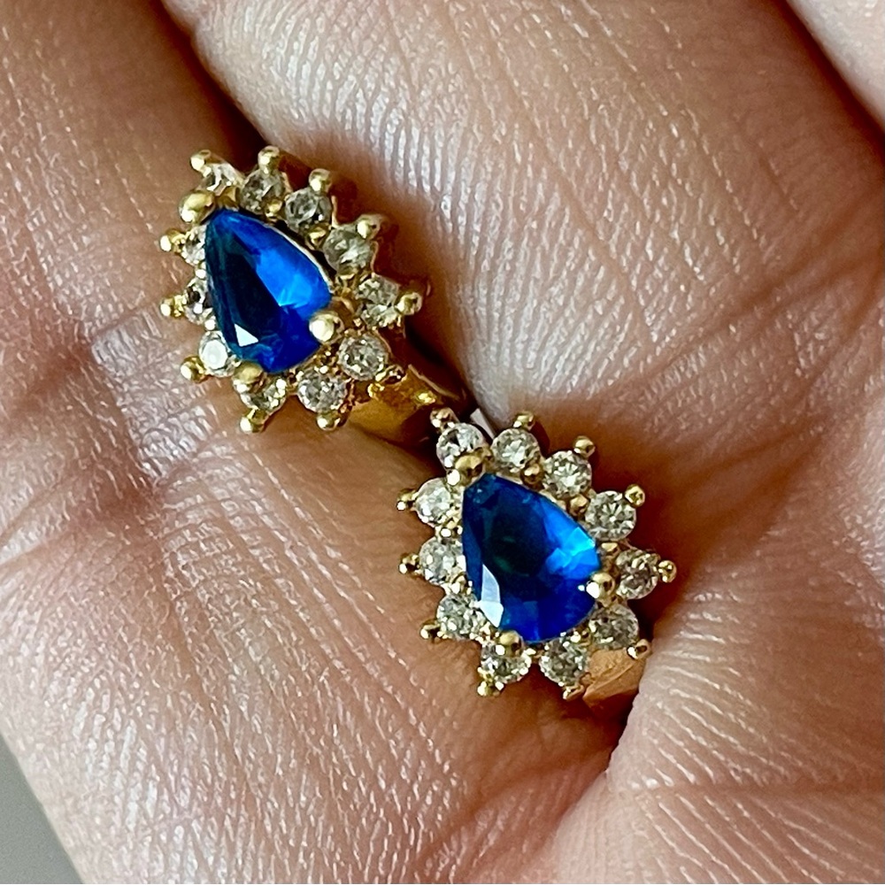 Vintage Blue Teardrop Crystal Gold Hoop Earrings